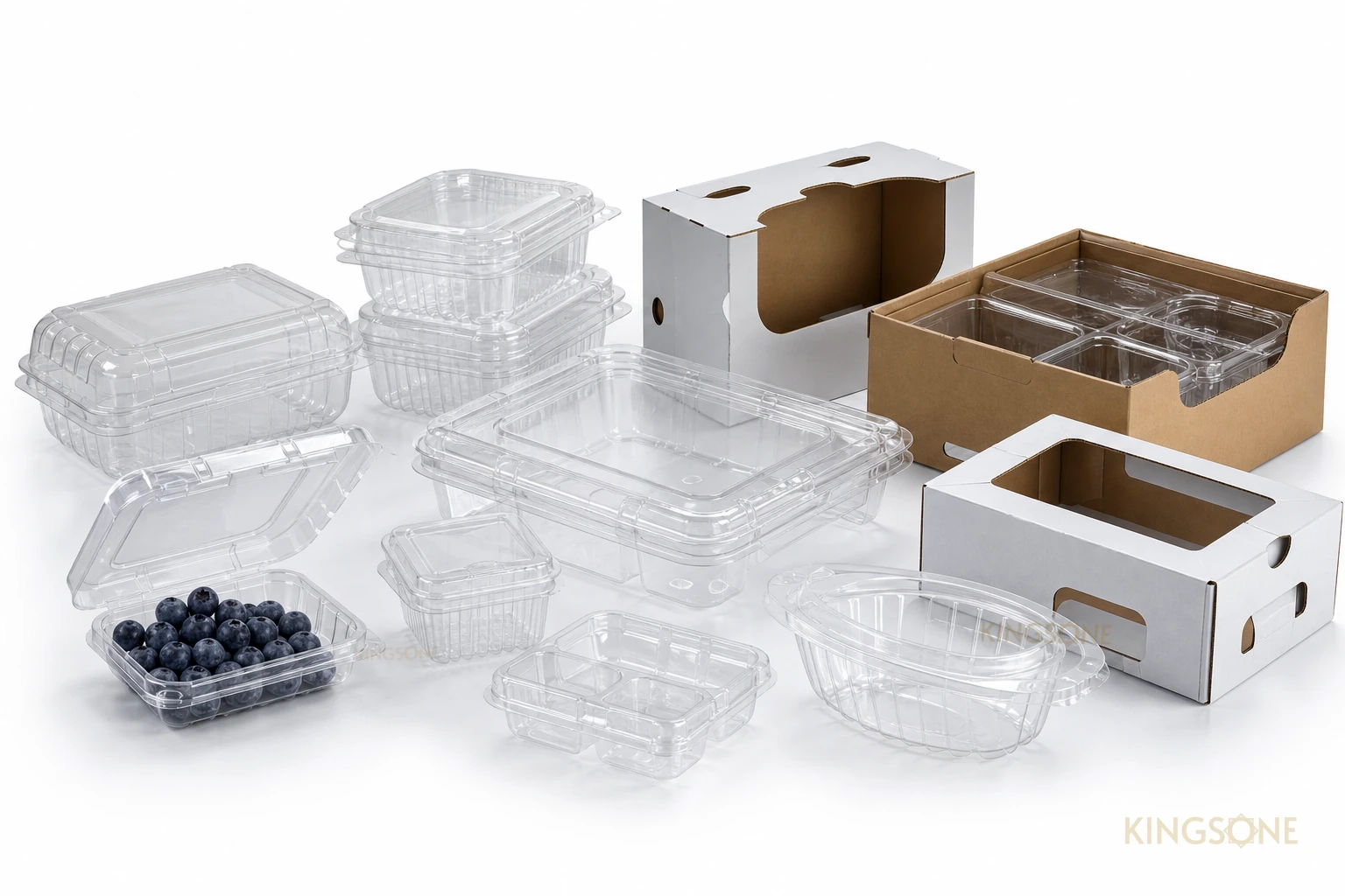 Fruit packaging trays and clamshells with Kingsone branding